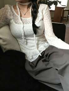 YCYC 法式性感蕾絲拼接長袖女款氣質荷葉邊修身顯瘦打底上衣 白色 - 白色 - 查看 2