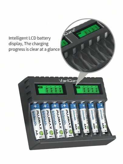 1 pieza Cargador de batería inteligente de moda LCD006 con 8 ranuras - Carga 4 baterías AA y 4 baterías AAA Ni-MH/Ni-Cd de forma independiente, pantalla LCD en tiempo real, protección múltiple (sobrecarga/sobrecorriente), diseño portátil, adecuado para viajes y uso diario