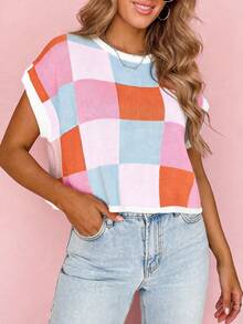 Blusa corta de mujer Marysol con estampado de cuadros de colores, cuello redondo, manga corta, diseño de contraste de color en bloques, manga de murciélago, tejido de parche, suéter de punto elegante para primavera/verano/otoño/invierno - Multicolor - Ver 2