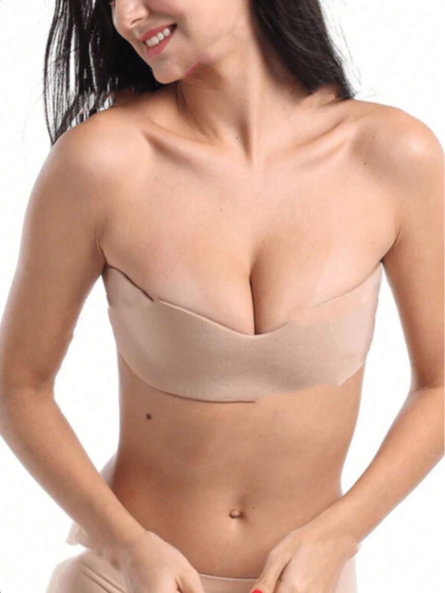Women's Invisible Gather Bra, Strapless Invisible Adhesive Bra, With Straps, Suitable For Backless Dresses - Apricot - View 1