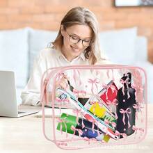 1pc Cute Pink Bow Print Transparent Makeup Bag, Waterproof PVC Clear Toiletry Pouch, Portable Adorable Cosmetic Organizer For Girl Daily Use - Transparent - View 6