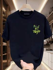 Men's 100% Heavy Cotton T-Shirt - Black With Neon Green Print, Short Sleeve, Crew Neck, Summer Casual Wear For Outdoor, Gym & Night Out, Breathable Fabric, Care (Hand Wash/Dry) - Green Print For Everyday Use &-X - Black - View 3