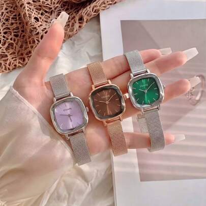 3 pièces/1 pièce Montre femme quartz minimaliste carrée, bracelet en maille en acier inoxydable, montre élégante avec cadran vert/blanc/marron/violet, convient pour un usage quotidien, au bureau et en cadeau