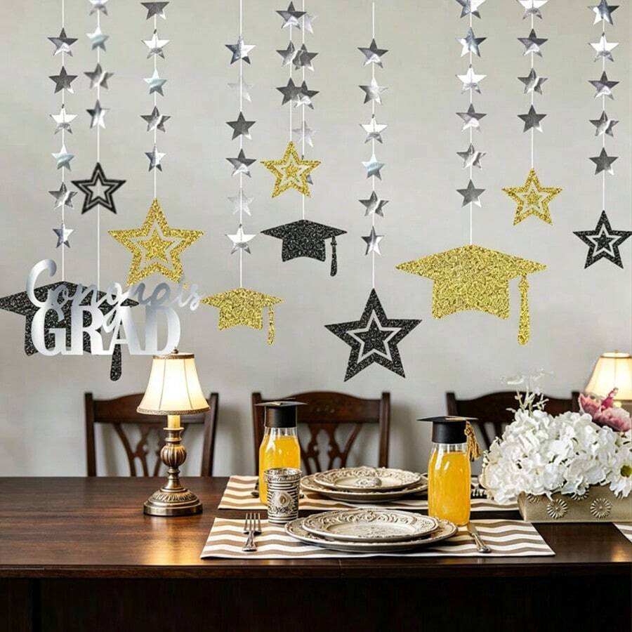 1 Set de decoración de gorra de graduación con estrellas, decoración de bola de graduación con adornos colgantes de papel, decoraciones colgantes para mesa de fiesta de graduación, telón de fondo para fotos de graduación, decoraciones colgantes para ceremonia de graduación, decoraciones para evento de regreso a clases, decoraciones para ambiente de graduación - Ver 1