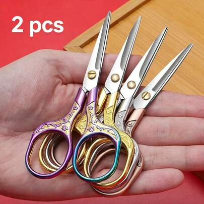 2Pcs Random Color Stainless Steel Sewing Scissors, Vintage Tailor Scissors For Embroidery & Fabric Cutting, Household Thread Scissors, Tea Art Scissors, Pet Grooming Scissors, DIY Art Handmade Sewing Tool Scissorsfabrics For Sewingsewingsewing Supplies