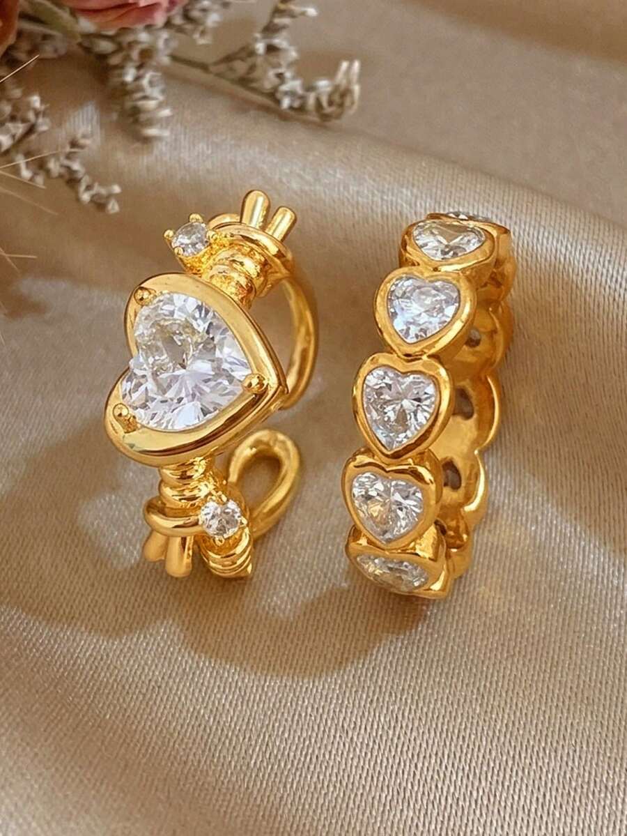 18K镀金立方氧化锆心形戒指,女士戒指,心形戒指,镀金戒指,适合日常佩戴、约会、节日、毕业派对、母亲节礼物、度假季、海滩饰品、夏季饰品、波西米亚风格饰品、情人节礼物 - 彩色 - 查看 1