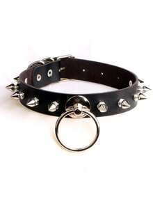 1pc Women's Metal Plate Circle Choker Necklace, PU Leather Punk Exaggerated Personalized Necklace, Street Style Leash Chain Neck Collar - A - View 16