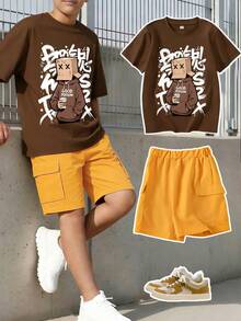 2pcs/Set Teen Boy Square Tip Graphic Outfit, Loose Streetwear T-Shirt And Khaki Shorts, Soft Comfortable Cute Summer Casual Wear - Brown - View 9