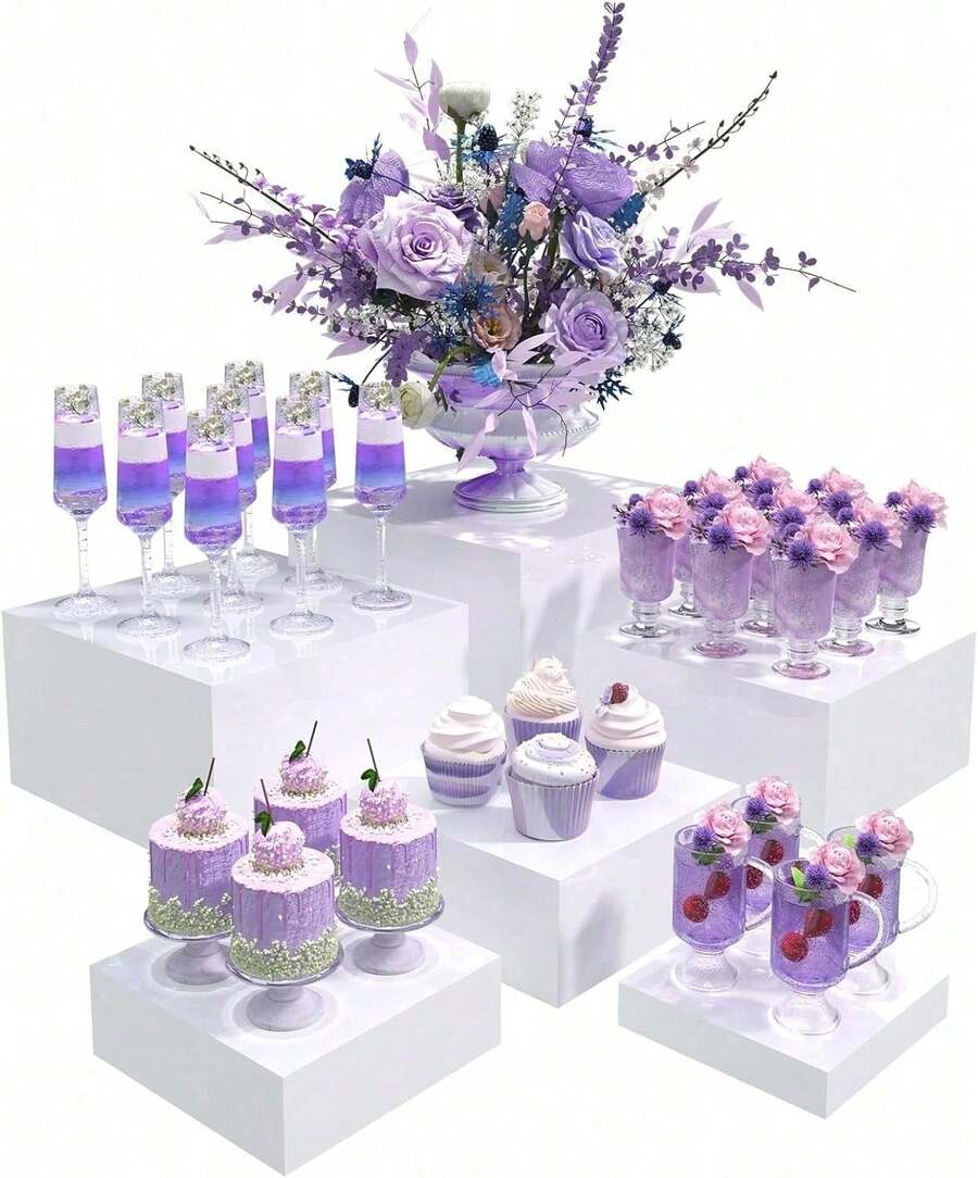 Senmeo 6-Piece Acrylic Buffet Risers - Hollow Bottom Food Display Stands | Christmas Party/Dessert/Jewelry Gift - White - View 1