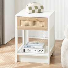 Rattan Side Table With Drawer, Modern Bedside Table, Side Table For Living Room, Bedroom, White - H55/W40/D40 Cm - White - View 5
