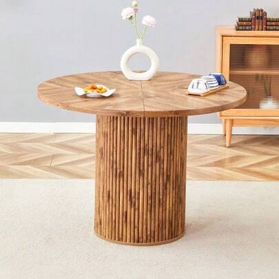 Runder Esstisch Aus MDF (100 Cm), 4-6 Pers. Tischplatte Aus 4 Holzmaserungssegmenten, Zylindrische Säulenbeine Mit Metallstange & Klettverschluss – Ideal For European Wohnräume.