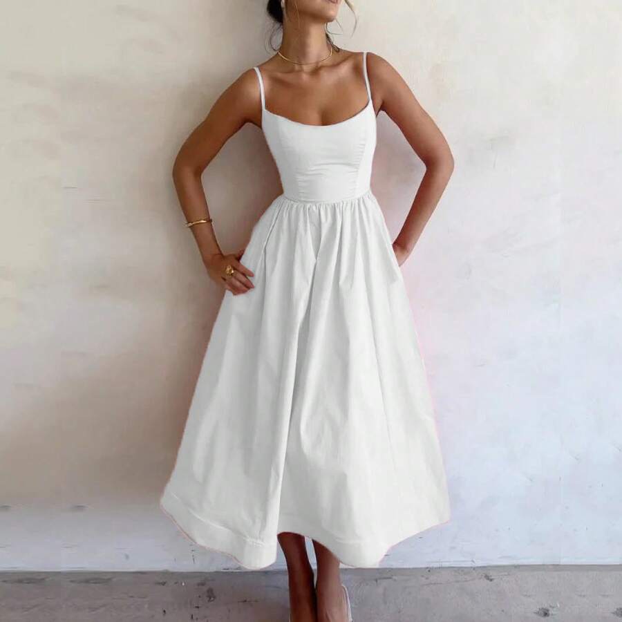 2026 Spring New Women's Clothing, Cross-Border European And American Dress, Sexy Waist-Cinching Pleated Solid Color Large Hem Strap Dress - 白色 - 查看 1