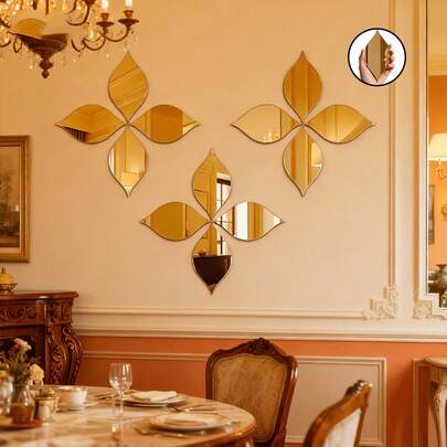 12pcs Gold Geometric Shaped Mirror Wall Stickers, Teardrop & Clover Acrylic Soft Mirror, Wall Decor, Self-Adhesive For Home, Bedroom, Bathroom, Living Room