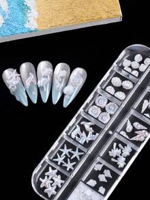 12件套混合鲍鱼壳星形美甲装饰套装，3D彩虹白色树脂贝壳美人鱼尾巴椰子树美甲装饰，配扁平珍珠，夏季海滩海洋主题美甲宝石，适用于DIY亚克力美甲，美甲沙龙用品 - 彩色 - 查看 6