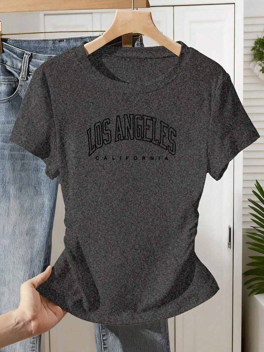 New Women's Pleated Waist-Cinching Round-Neck Short-Sleeve T-Shirt With Los Angeles California Letter Print Design, Stylish And Unique, Pleated Slim-Fit Top - 深灰色 - 查看 1