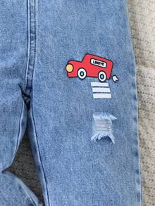 Quần yếm denim in hình ô tô và khủng long hoạt hình cho bé trai, có túi, thích hợp mặc hàng ngày, mùa xuân/hè. - Màu xanh lam - Xem 5
