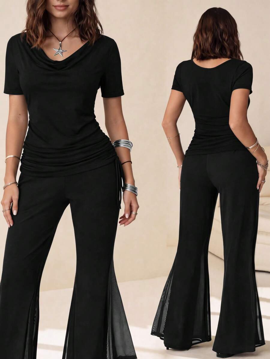 Bộ 2 món gồm áo cổ đổ có dây rút bên hông và quần ống loe cạp cao phối lưới, kiểu dáng ôm sát, thời trang nữ xuân/hè mới, phong cách Y2K - lưới xuyên thấu, dây rút xếp ly, ống loe rộng màu đen. - màu đen - Xem 1