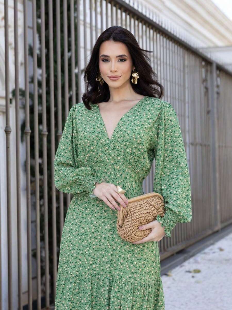 WOMEN'S LONG SLEEVE DRESS IN PRINTED VISCOLINE FABRIC - Green - View 1