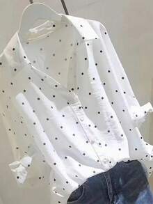 Nueva blusa de manga larga abullonada con cuello Peter Pan, color azul dopamina, para mujer, con estampado de lunares, ideal para salidas. - Blanco - Ver 3