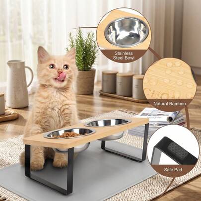 Ergonomic Pet Feeding And Drinking Set - Designed With A 15-Degree Tilt To Prevent Neck Fatigue. Elegant Natural Bamboo Raised Bowls Suitable For Cats And Small Dogs. Sturdy Metal Stand Design Helps Improve Digestion; Can Hold Both Dry Food And Water. Suitable For Small Animals - Raised Pet Bowl Dining Table Set (Home Pet Accessories). Stainless Steel Cat Dog Double Bowl Set With Stand, 2 Tilted Elevated Bowls For Pet Food And Water, Helps Prevent Vomiting