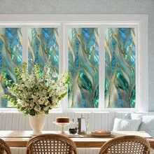 Colorful Glass Static Cling Window Film, Geometric Blue & Green Leaf Pattern Privacy Decorative Film, Removable No Glue Glass Sticker For Bathroom, Dining Room, Office Window Decor - Frosted Film - View 9