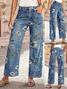 Jeans de pierna recta larga para mujer, elegante estampado floral, pantalones de mezclilla casual, diseño con detalle de botones, elasticidad media para vacaciones de otoño - Azul lavado medio - Ver 1