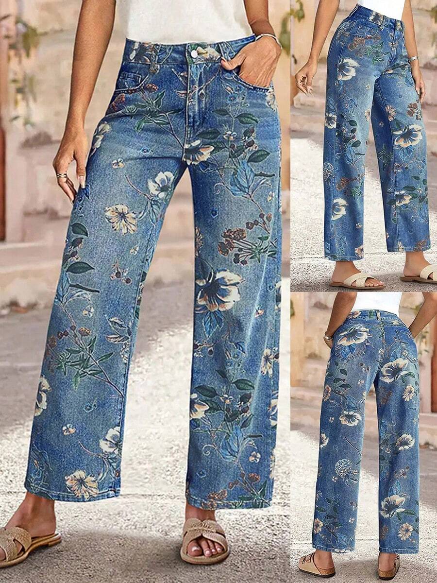 Jeans de pierna recta larga para mujer, elegante estampado floral, pantalones de mezclilla casual, diseño con detalle de botones, elasticidad media para vacaciones de otoño - Azul lavado medio - Ver 1