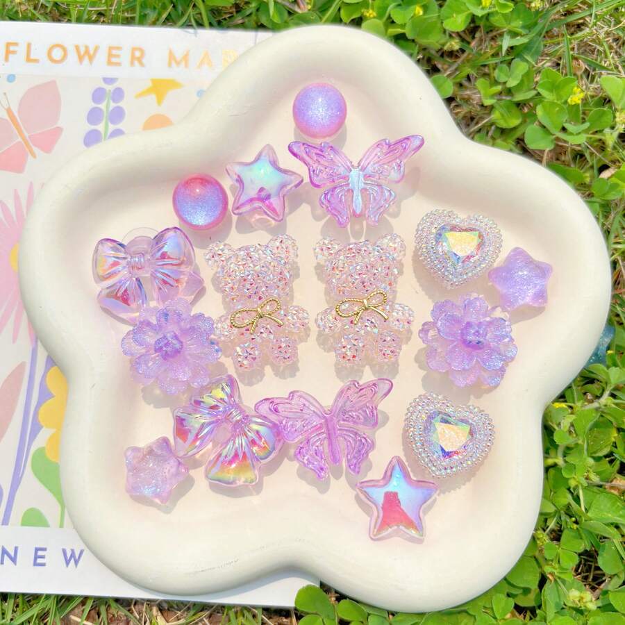 16pcs Purple Bear Shoe Charms, Purple Series Shoe Decorations, Pentagram, Bowknot Accessories, Shoe Flowers, Cute Shoe Accessories Suitable For Sandals, Beach Shoes, Garden Shoes, DIY Decoration