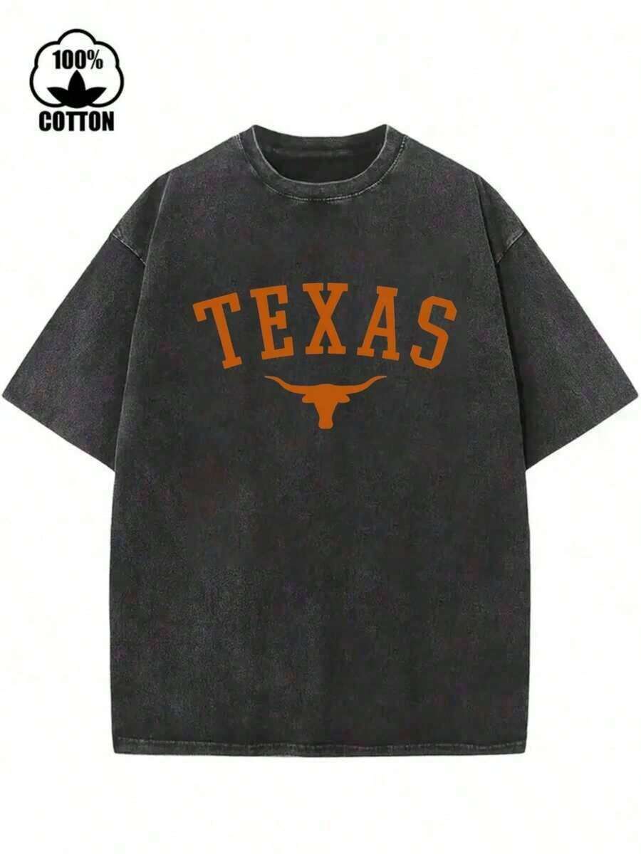 SummerVintage Texas And Longhorn Print Men's Washed And Distressed Print Round Neck Short Sleeve Casual T-ShirtLoose And Comfortabletops For Women - 黑色 - 查看 1