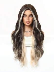 28 Inch Ombre Light Brown To Ash Blonde Water Wave Wig With Middle Part, Pre-Styled Loose Curls, Heat Resistant Synthetic Hair, Perfect For Streetwear, Hip Hop Style, Music Festival, Casual Daily & Club Night, Edgy Hairpiece For Women - Brown Highlight - View 3