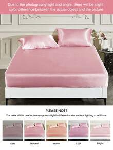 2/3pcs Satin Fitted Sheet Set, 1pc Satin Fitted Sheet + 1/2pcs Satin Pillowcase, Soft & Breathable, Wrinkle-Resistant, Improve Sleep Quality, Luxury Hotel Style, Gift Option, Suitable For Single, Double, Queen, King Size Beds, 14 Inch/35cm Fitted Sheet Depth, Machine Washable, Oeko-Tex Certified - Pink - View 10