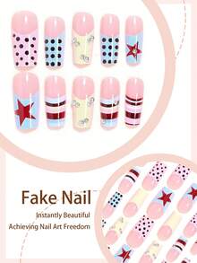 24pcs Y2K Red Star Polka Dot Silver Bead French Manicure Full Cover False Nails, Add Romantic Vibe, Suitable For Summer, Includes 1 Adhesive Sticker And 1 Mini Nail File, Random Delivery - Multicolor - View 2