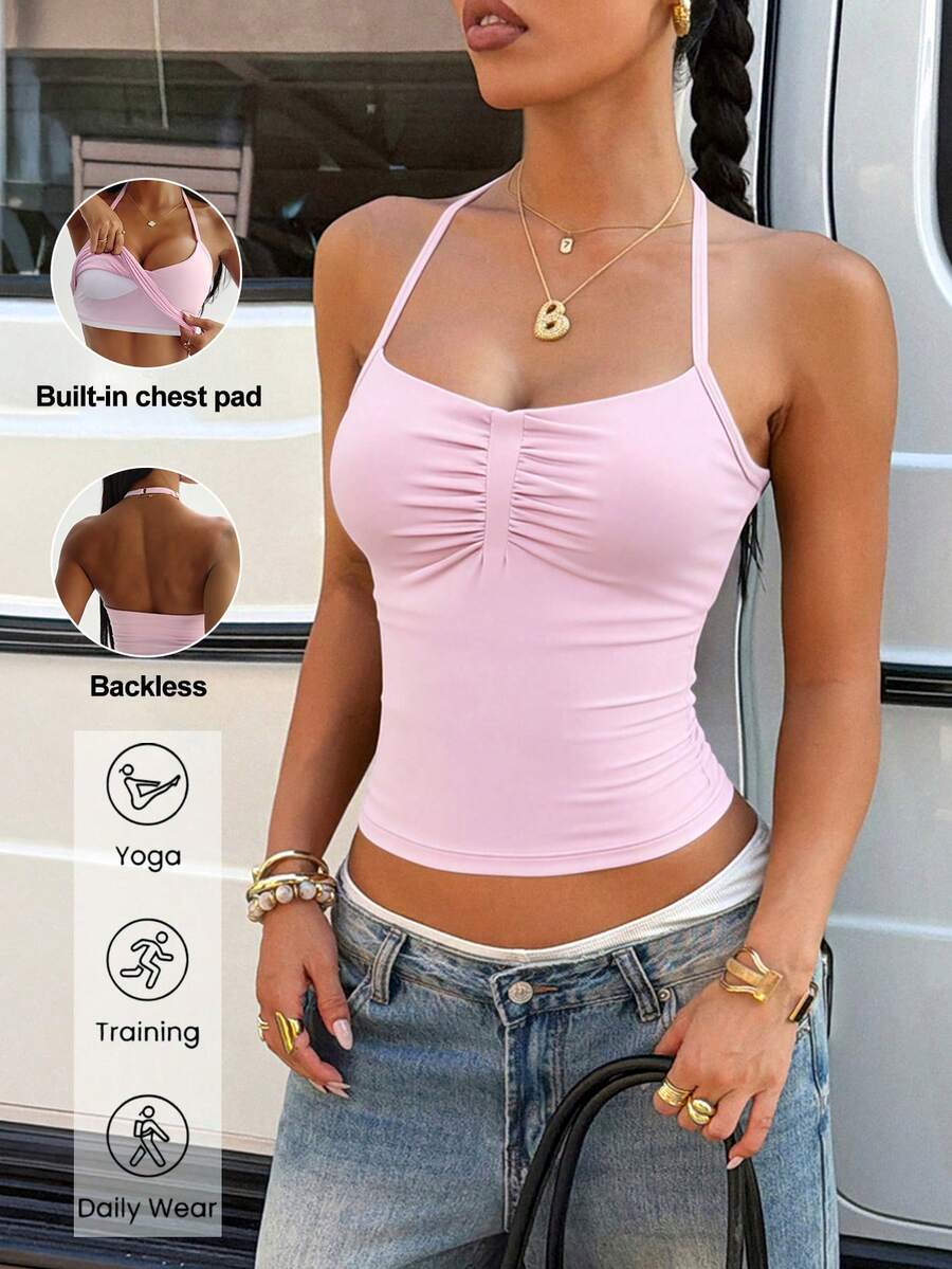Aoqta Sports 女士夏季休闲纯色无袖露背运动上衣，带胸垫，简约百搭设计，适合瑜伽、跑步、健身、日常穿着 - 粉色 - 查看 1