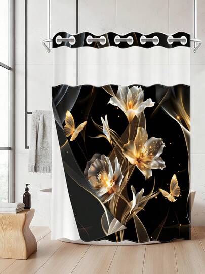 1 pieza Cortina de ducha de flores y mariposas negra y dorada de doble capa, cortina de baño impermeable de poliéster con estampado de flores luminoso de lujo, diseño desmontable y de fácil limpieza, sin necesidad de ganchos, adecuada para la decoración del baño y del hogar