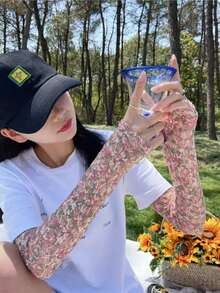1 Pair Lace Floral Ice Sleeves, UV Protection, Breathable, Moisture-Wicking, Elastic - Multicolor - View 4