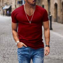 T-shirt da uomo estiva, scollo a V, tinta unita, vestibilità slim, leggera, maniche corte, abbigliamento casual da uomo - Bianco - Visualizzare 8