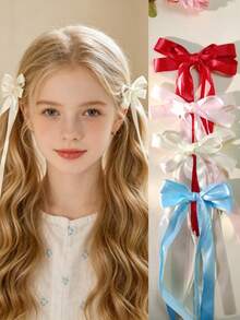 1/2pcs Set Girls' Minimalist Sexy Satin Long Ribbon Bow Hair Clips, Sweet Ballet Style Twin Ponytail Hair Pins, Suitable For Daily, Party And Outfit Atmosphere Hair Accessories - Multicolor - View 7