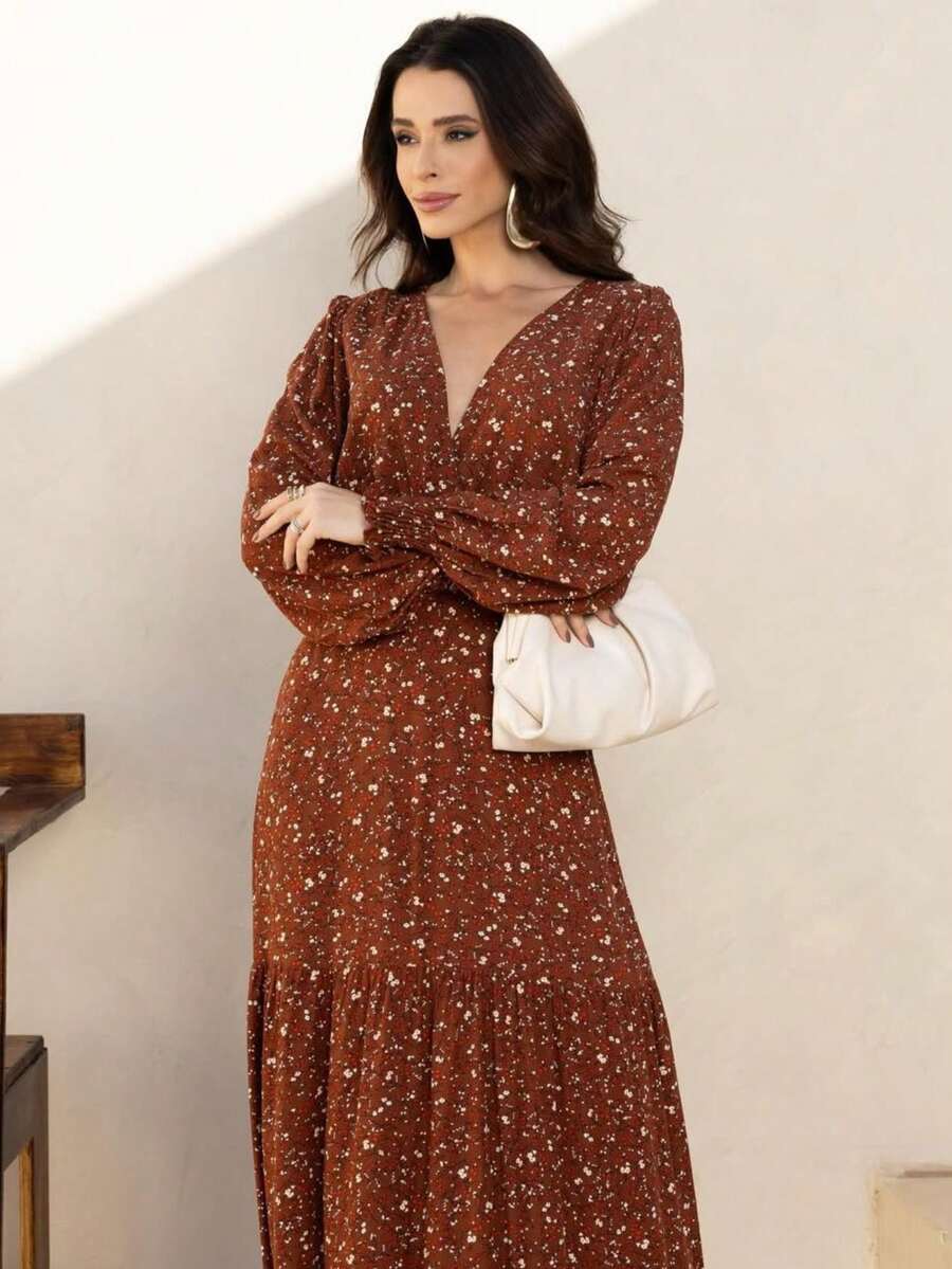 WOMEN'S LONG SLEEVE DRESS IN PRINTED VISCOLINE FABRIC - Dark Brown - View 1