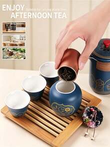 6件套便携式中式功夫茶具，陶瓷功夫茶壶配3个茶杯和茶叶罐，复古浮雕图案，木质耐热手柄，附赠皮质收纳袋，适合露营、办公室、户外、居家茶道等场合，是送给爱茶人士和母亲的绝佳礼物。 - 彩色 - 查看 10