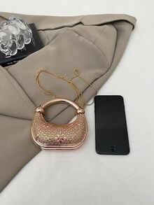 1个新款迷你金属小包，电镀银色零钱包，闪亮前卫金属手拿包，链条单肩包不对称手提包，配饰收纳包，优雅零钱包，耳机盒，婚礼配饰 - 香檳色 - 查看 5
