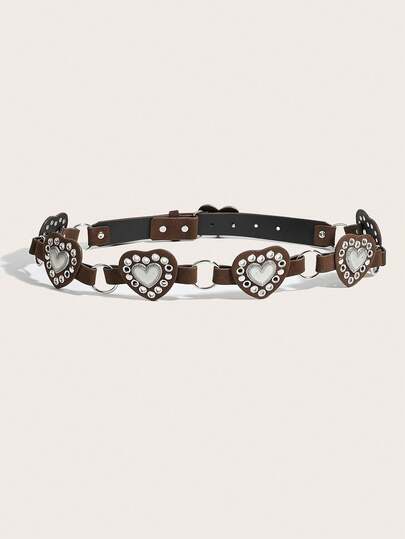 1pc Vintage Western Style Brown Heart Rivet Studded Belt For Women, Bohemian Y2K Punk Street Wear Heart Patchwork Waist Belt, Belts For Women, Brown Belt, Y2K Accessories, Western Belt, Boho Belt, Suitable For Dresses, Pants, Music Festivals, Parties, Street Wear, Gift
