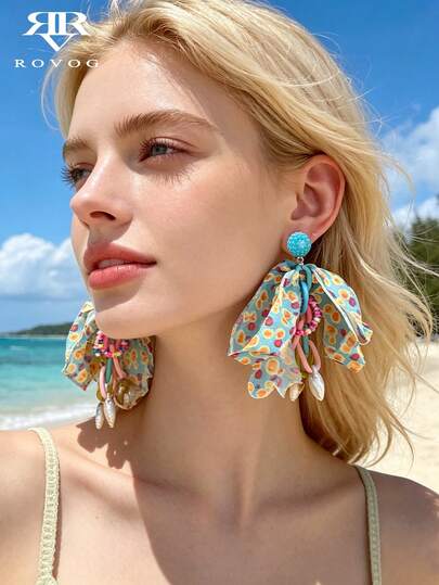 1 Pair Colorful Fabric Bow Tassel Earrings, Exaggerated Fashion Beach Holiday Shell Beaded Elegant Beach Style Earrings For Women