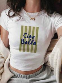 Women's Festival Vacation Outfit, "Ciao Bella" Retro Stripe Graphic Baby Phat Crop Top, Summer Concert Outfit For Women, Y2K Casual Streetwear,Mother's Day Gifts - White - View 1