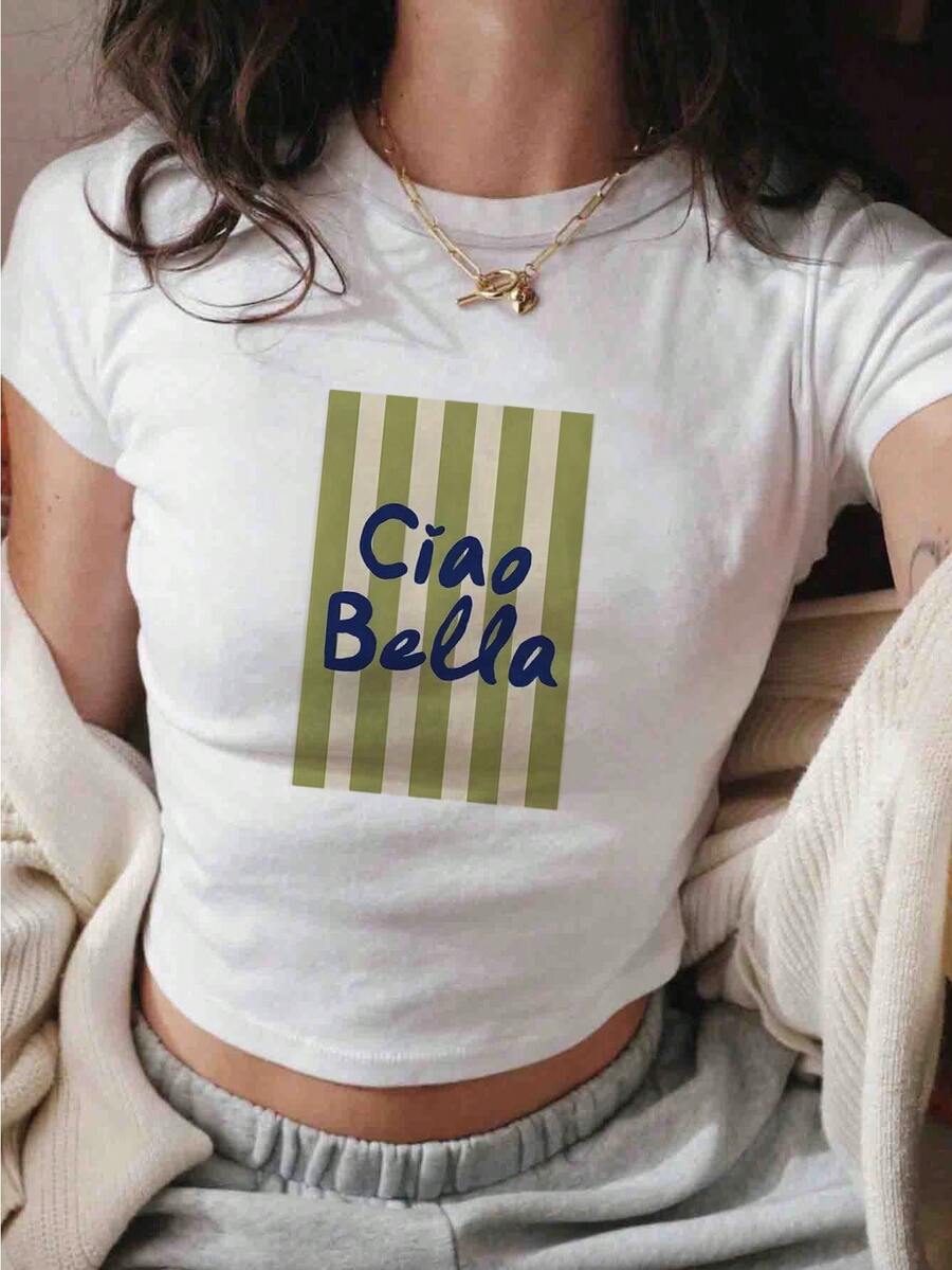 Women's Festival Vacation Outfit, "Ciao Bella" Retro Stripe Graphic Baby Phat Crop Top, Summer Concert Outfit For Women, Y2K Casual Streetwear,Mother's Day Gifts - White - View 1