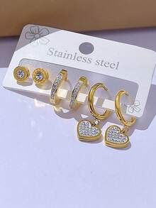 6只时尚闪耀锆石圈形耳环，心形耳环，不锈钢耳环 - 款式6 - 查看 7