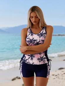 2026 New Fashion Swimsuit Women's Pink-Blue Coconut Tree Print Drawstring Tankini + Color-Block Boyshort Set For Beach Vacation, Slim & Tummy Control - 粉色 - 查看 2