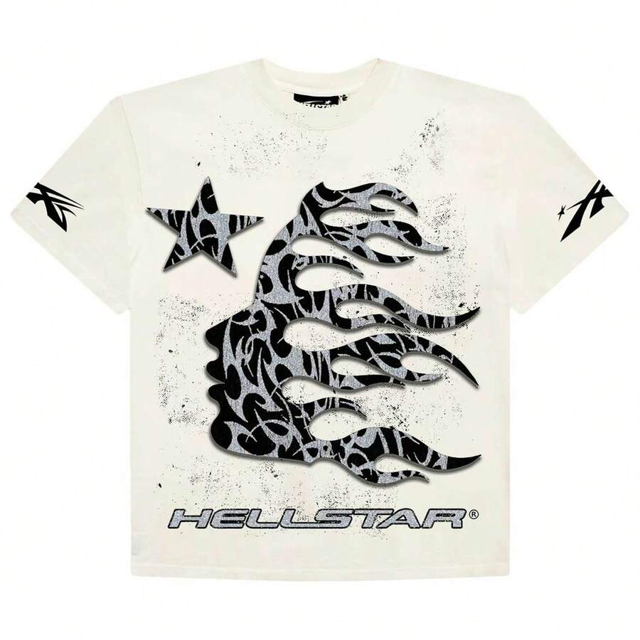 HELLSTAR Men's Flame Star Logo Graphic Oversized T-Shirt, Casual Cotton Short Sleeve Tee - 白色 - 查看 1