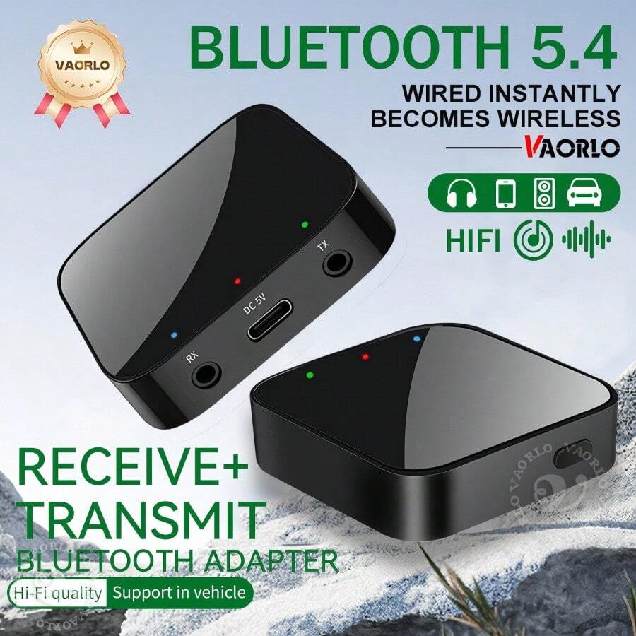 VAORLO 二合一蓝牙5.4接收器和发射器，3.5mm AUX高保真无线音频适配器，适用于车载套件、电脑、电视、耳机和扬声器 - A - 查看 1