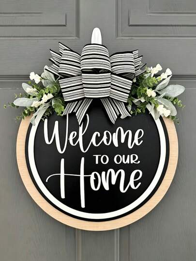 1 pieza Cartel de bienvenida colgante - Placa colgante de madera redonda, con acento de follaje, adecuado para el hogar, estilo rústico, puerta principal, decoración de sala de estar, decoración de pared de cafetería | Decoración de cartel de bienvenida | Corona de verano, colgante de puerta, porche, patio, decoración de pared, planta artificial 3D
