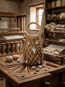 Handwoven Straw Beach Bag, Women's Summer Tote Bag, Hollow Round Top Woven Bag, Beach Vacation Accessory - Khaki - View 4